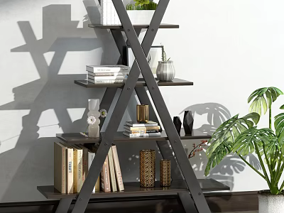 Modern Ladder Style Bookshelf With Multiple Shelves Books Vases And Decorative Plants 3d model