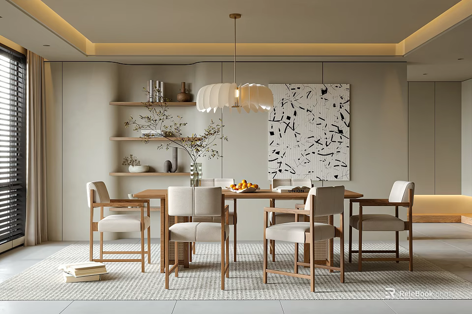 Elegant Modern Restaurant Interior With Wooden Dining Table Chairs Pendant Light And Wall Decor 3d model 