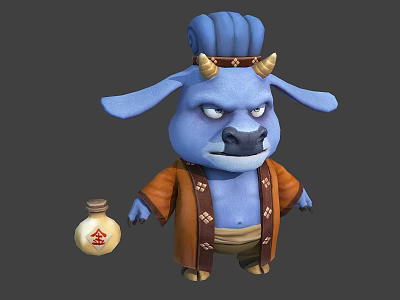 Cartoon Blue Bull Character Wearing Brown Robe with Horns and Potion Bottle 3d model