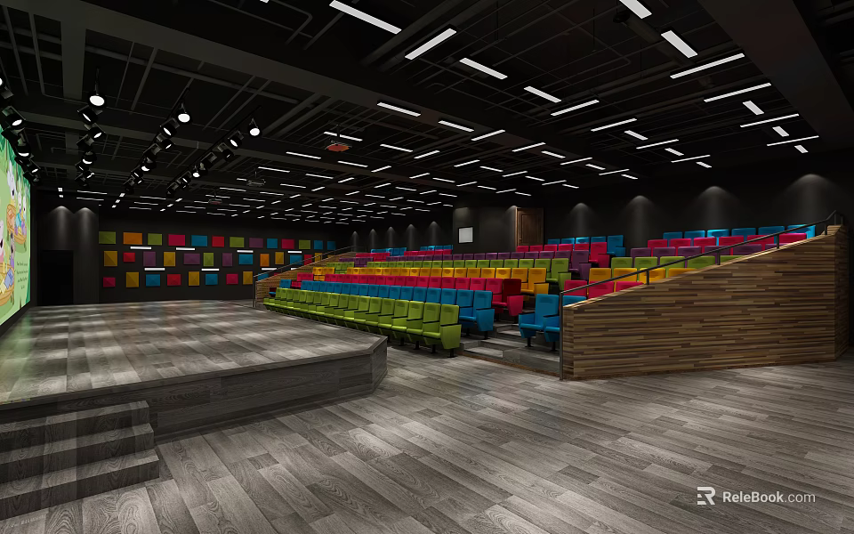Movie Theater Interior Design With Colorful Seats Wooden Steps And Ceiling Lights 3d model 
