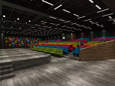 Movie Theater Interior Design With Colorful Seats Wooden Steps And Ceiling Lights 3d model