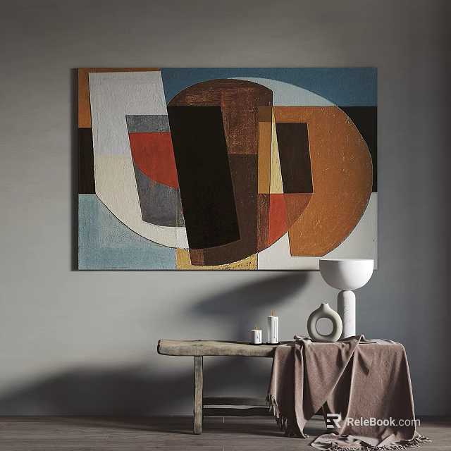 Abstract Painting on Wall with Small Table Decorative Items and Linen Cloth 3d model