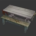 Red Wooden Stool With Rustic Wooden Table And Bench In Vintage Country Setting