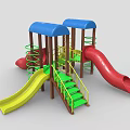 Colorful Playground Equipment with Blue Canopies Red Yellow Slides Green Spiral Ladder and Yellow Stairs