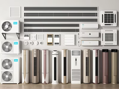 Modern Air Conditioners And Fans Various Types Including Wall Mounted And Floor Standing Units 3d model