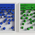 Background Wall Design With Blue Green 3D Cubes In White Frame And Grid Pattern