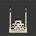 Traditional Mosque Architectural Design With White Blue Domes Tall Minarets And Gold Accents