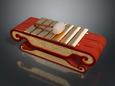 Traditional Wooden Percussion Instrument With Red Frame Ornate Carvings Golden Bars And White Mallet 3d model
