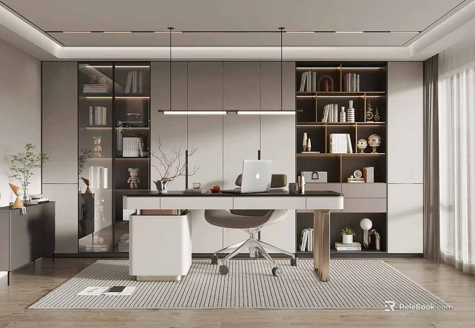 Modern Study Room Interior Design With Spacious Desk Bookshelves Pendant Lights And Laptop 3d model 