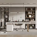 Modern Study Room Interior Design With Spacious Desk Bookshelves Pendant Lights And Laptop