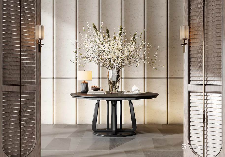 Minimalist Modern Console Table Design With White Floral Vase Table Lamp And Wooden Shutters 3d model 