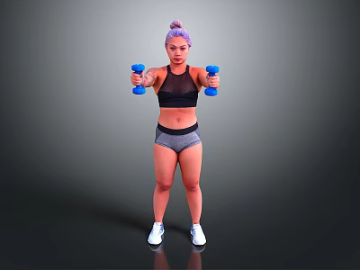 Woman With Purple Hair Lifting Blue Dumbbells In Activewear During Workout 3d model