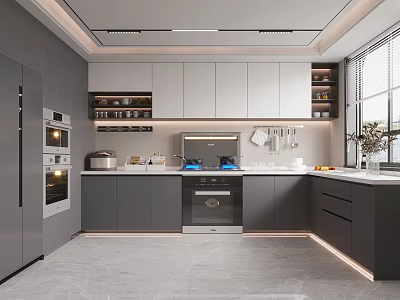 Modern Kitchen Interior With Gray And White Cabinets Built In Oven And Stove 3d model
