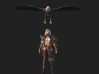 Armored Warrior Character In Intricate Armor With Majestic Eagle Creature Spreading Blue Wings 3d model