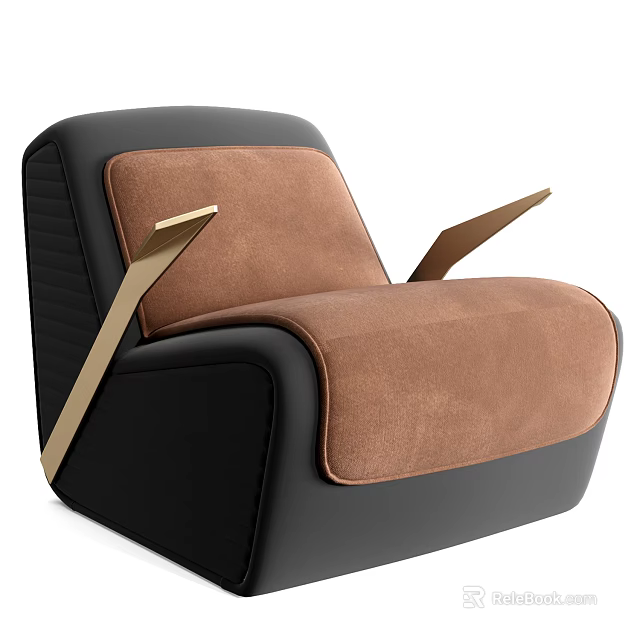 Modern Leisure Chair With Black Frame Brown Suede Seat And Golden Armrests 3d model 