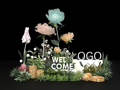 Floral Display With Colorful Flowers Welcome Sign Logo Green Plants And Grass 3d model