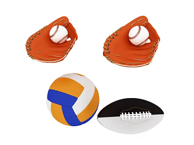 Assorted Sports Equipment Collection with Orange Baseball Gloves Baseballs Volleyball and Football 3d model