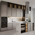 Modern Kitchen Interior With Gray Cabinets Marble Countertop Wine Rack And Stainless Steel Range Hood