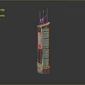 Cartoon Scene with Colorful Tower Yellow Brown Stripes Antennas Top Blue Rectangular Middle Circular Bottom
