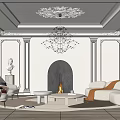 Elegant Living Room Interior With Ceiling Moldings Chandelier Fireplace Armchairs White Sofa And Area Rug