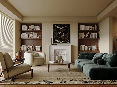 Cozy Living Room With Built In Bookshelves Fireplace Floral Artwork Green Sofa And Beige Armchair 3d model