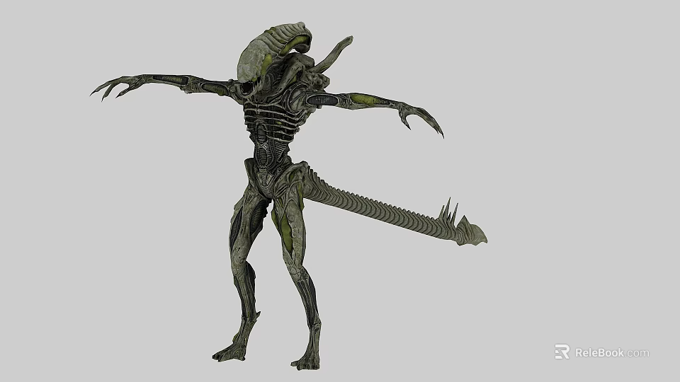 Alien Creature With Slim Exoskeleton Body Green Accents Long Tail And Sharp Claws 3d model 
