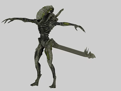 Alien Creature With Slim Exoskeleton Body Green Accents Long Tail And Sharp Claws 3d model