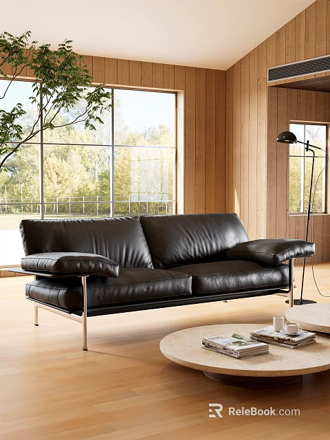 Modern Black Leather Multi-Seat Sofa Interior With Large Windows Wooden Walls And Floor Lamp 3d model 