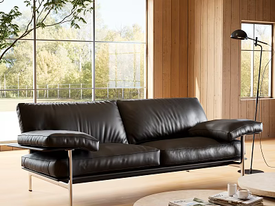Modern Black Leather Multi-Seat Sofa Interior With Large Windows Wooden Walls And Floor Lamp 3d model