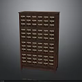 Dark Wooden Drawer Cabinet Featuring Multiple Small Drawers With Metal Handles