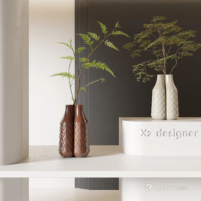 Brown And White Textured Ceramic Vases With Green Plants In Modern Interior Decor 3d model 