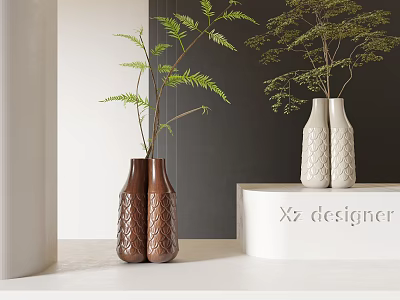 Brown And White Textured Ceramic Vases With Green Plants In Modern Interior Decor 3d model