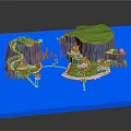 Cartoon Scenery With Green Islands Blue Water Surface Small Houses Curved Paths And Bridges