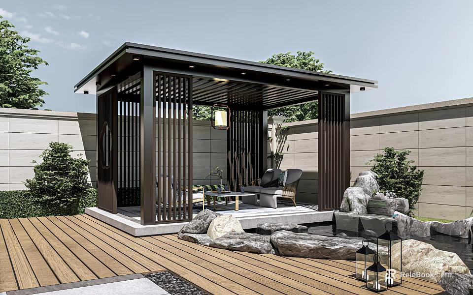 Modern Outdoor Wooden Pergola With Stone Decor Garden Furniture And Green Plants 3d model 