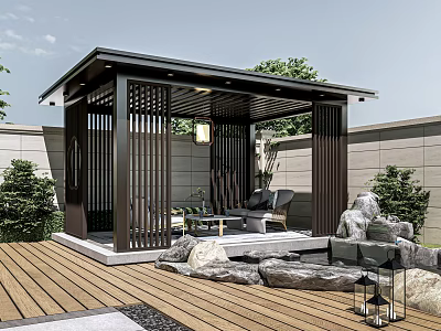Modern Outdoor Wooden Pergola With Stone Decor Garden Furniture And Green Plants 3d model