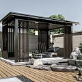 Modern Outdoor Wooden Pergola With Stone Decor Garden Furniture And Green Plants