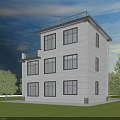 Two Story Detached Villa With Gray Exterior Black Roof Brown Arched Door And Green Lawn