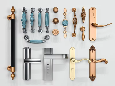Various Decorative Door Handles With Metal Brass Blue Black And Silver Styles 3d model