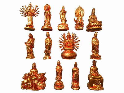 Golden Buddha Sculpture Carving Featuring Multiple Figures Various Poses And Intricate Details 3d model