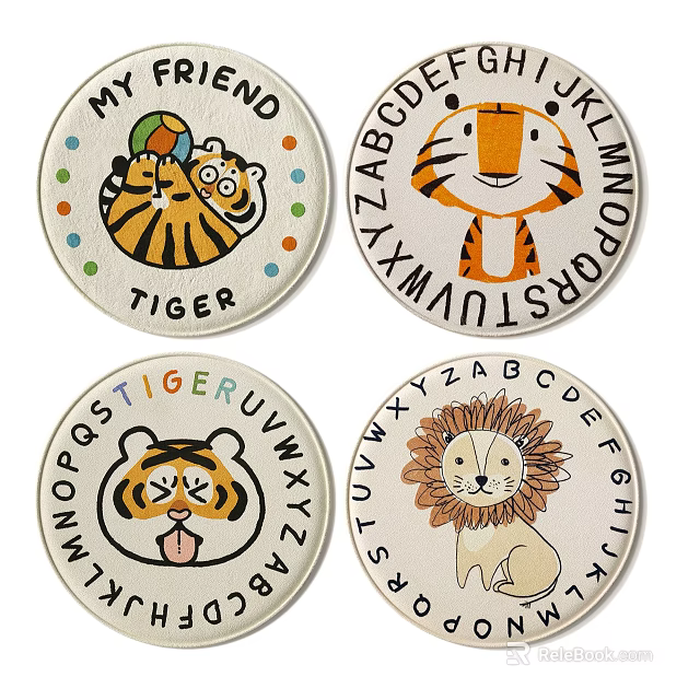 Round Carpets with Tiger Lion Animal Prints and Alphabet Designs for Kids Room 3d model 