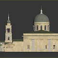 Cartoon Style Building Scene Featuring Green Dome Bell Tower And Yellow Main Structure With Windows