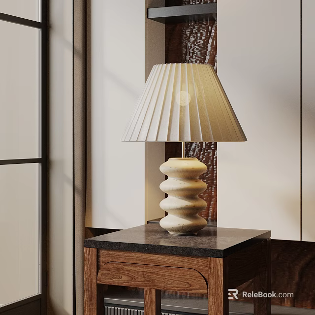 Contemporary Stacked Base Table Lamp Featuring Pleated Shade On Dark Top Wooden Nightstand 3d model 