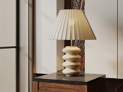 Contemporary Stacked Base Table Lamp Featuring Pleated Shade On Dark Top Wooden Nightstand 3d model