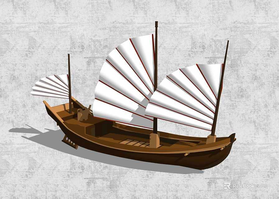 Traditional Wooden Boat With Three White Sails And Classic Hull Structure 3d model 