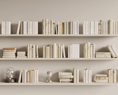 White Bookshelves Display With White And Beige Books Stacked Books Globe And Glass Dome 3d model