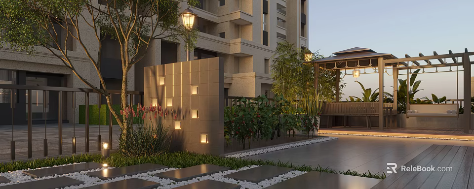 Apartment Exterior Garden Landscape With Trees Lighting Green Plants And Stone Pathway 3d model 