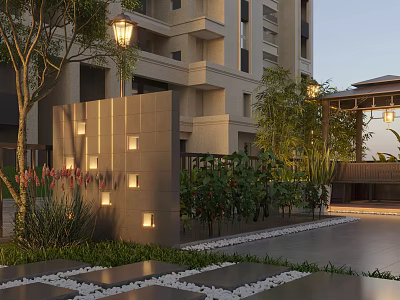 Apartment Exterior Garden Landscape With Trees Lighting Green Plants And Stone Pathway 3d model