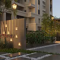 Apartment Exterior Garden Landscape With Trees Lighting Green Plants And Stone Pathway