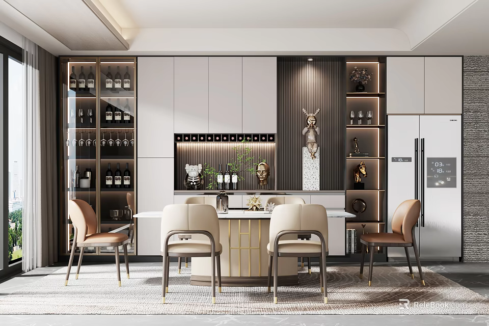 Elegant Modern Restaurant Interior With Dining Table Gold Chairs Wine Cabinet And Decorative Accents 3d model 