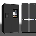 Modern Black Refrigerators Featuring French Door Water Dispenser And Bottom Freezer Design